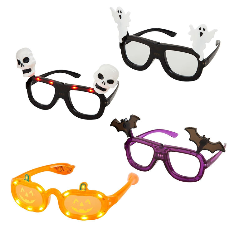 Black plastic Halloween light-up glasses with LED character rims.