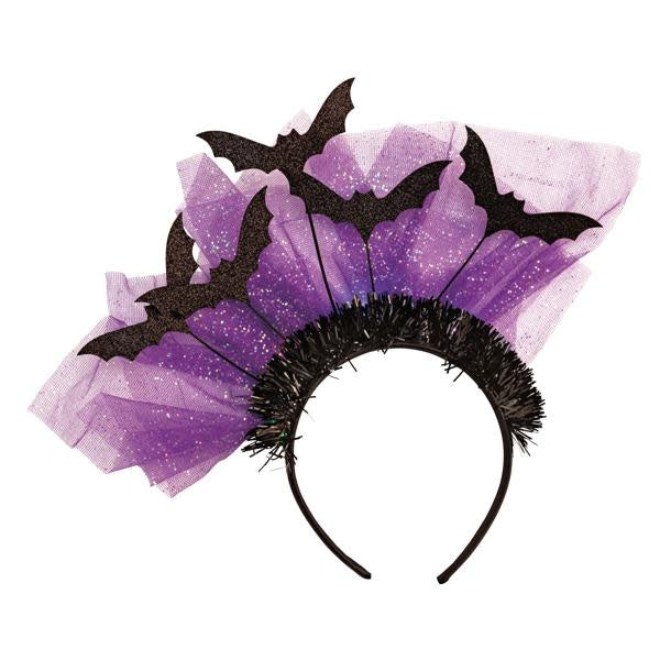 Black glitter felt headband with tulle trim featuring LED bat lights.