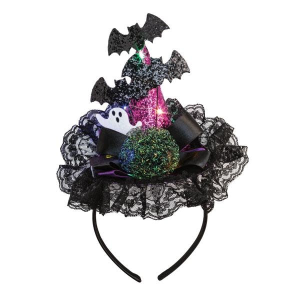 Black glitter felt headband with tulle trim and glowing LED witch hat lights.