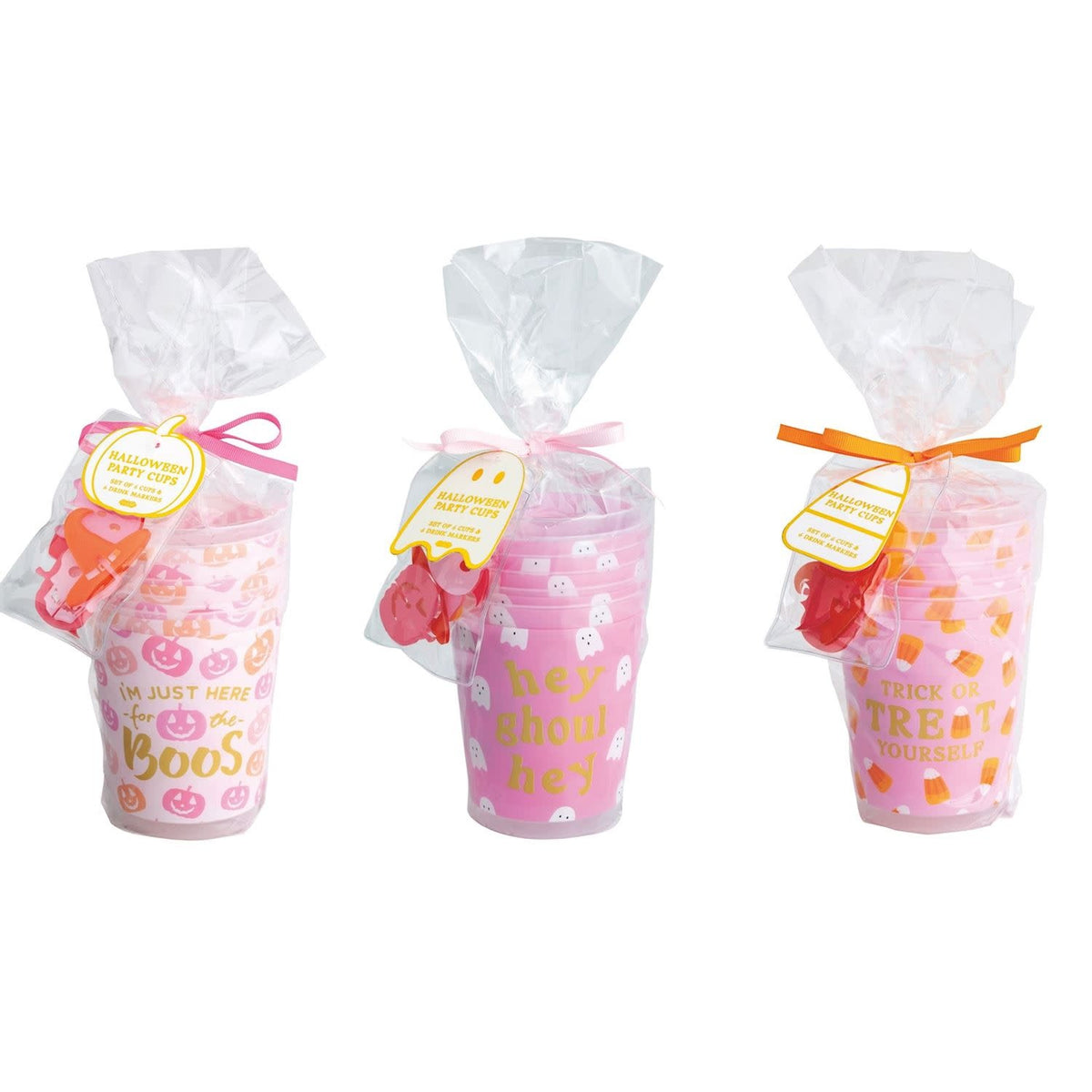 Six black Halloween-themed paper cups with six matching acrylic drink markers featuring festive orange pumpkin designs.