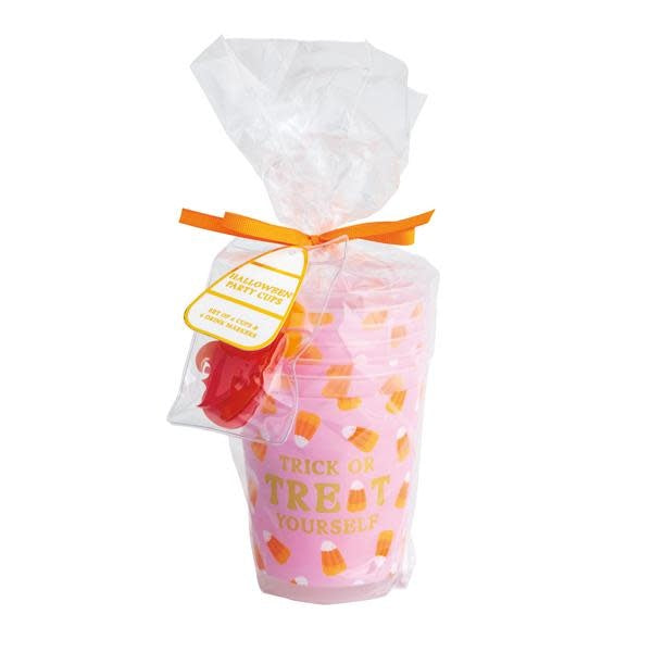 Six candy corn-themed printed cups with matching acrylic drink markers on a white background.