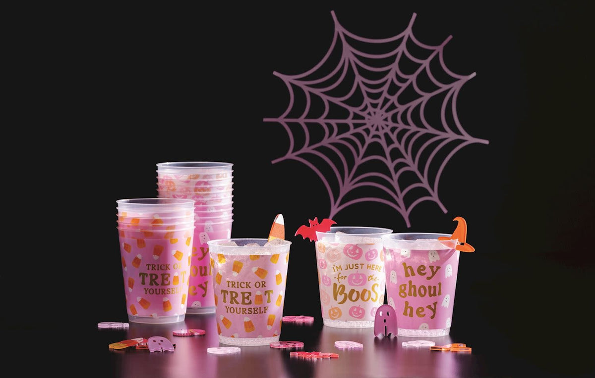 Set of six black Halloween-themed party cups with matching acrylic drink markers featuring festive designs.
