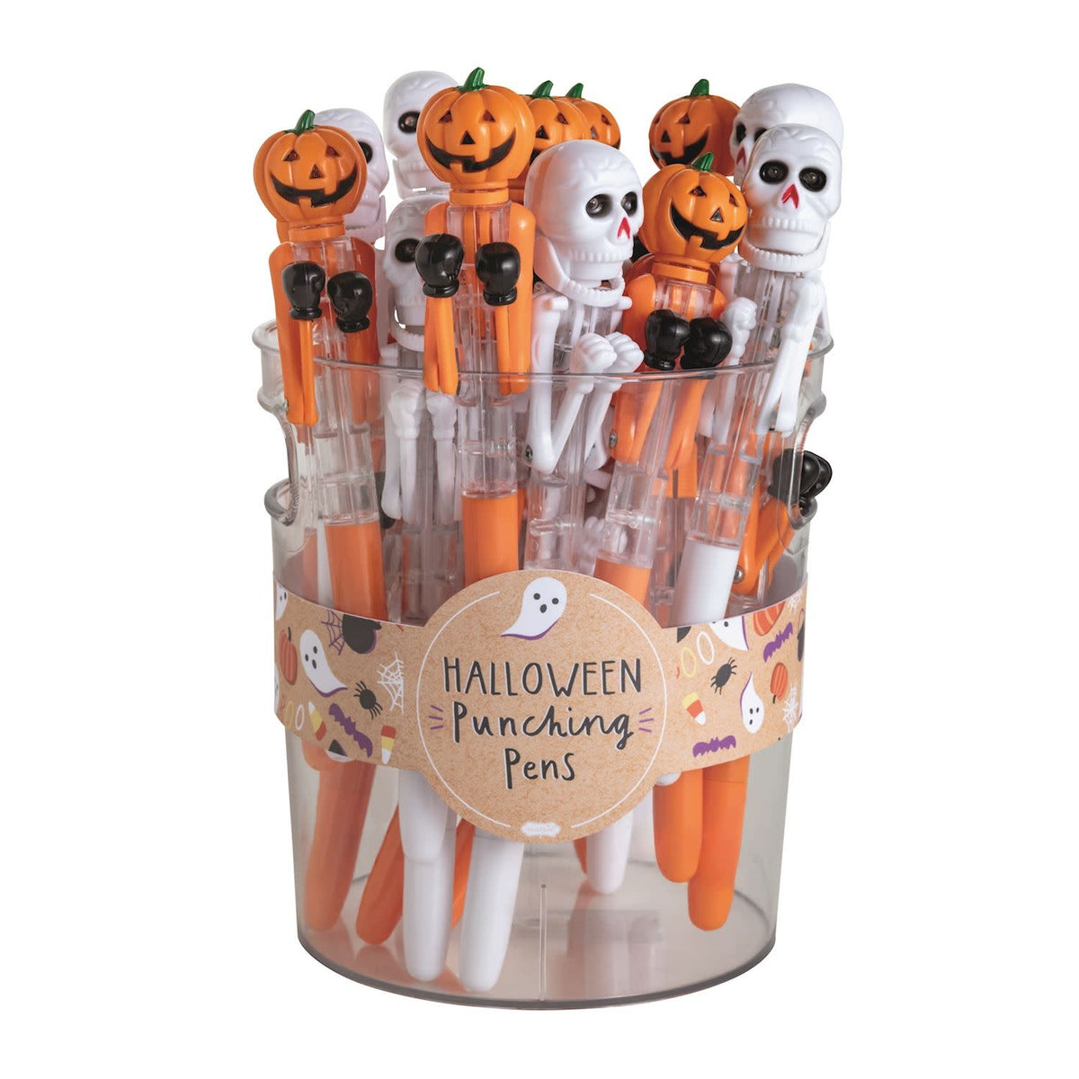 Acrylic bucket holding Halloween character pens with light-up eyes and punching arms.
