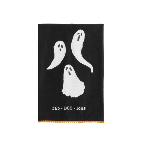 Flour sack hand towel with mini pom trim featuring a ghost Halloween pattern in white and black.
