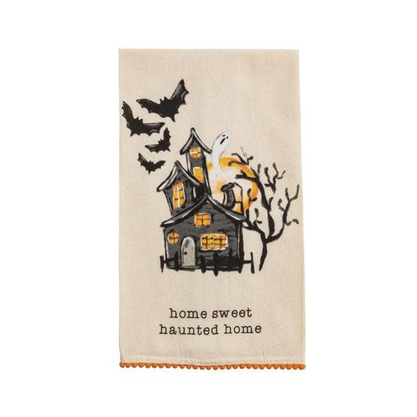 Flour sack hand towel with mini pom trim in Halloween print pattern