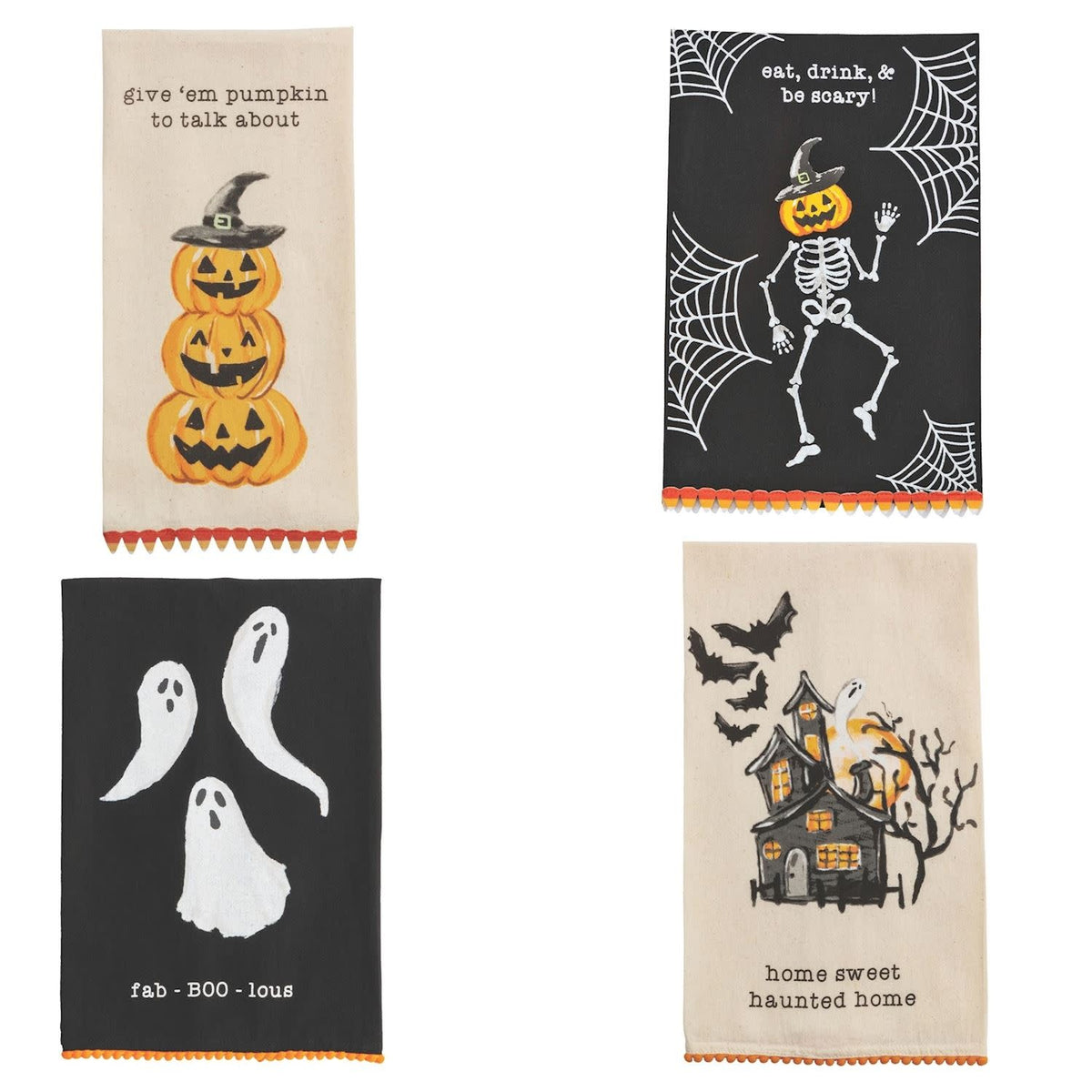 Halloween flour sack hand towel with mini pom trim in black fabric featuring orange pumpkin pattern
