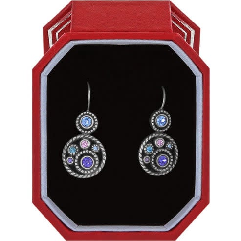 Silver-plated French wire earrings with lavender and blue Swarovski crystal clusters.