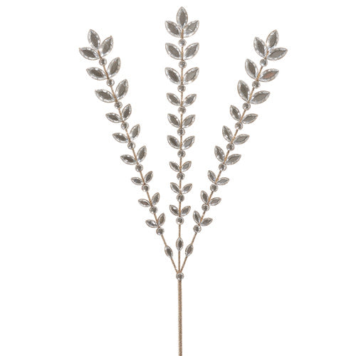 23.5-inch crystal jeweled spray with gold glitter and three leaf-patterned stems.