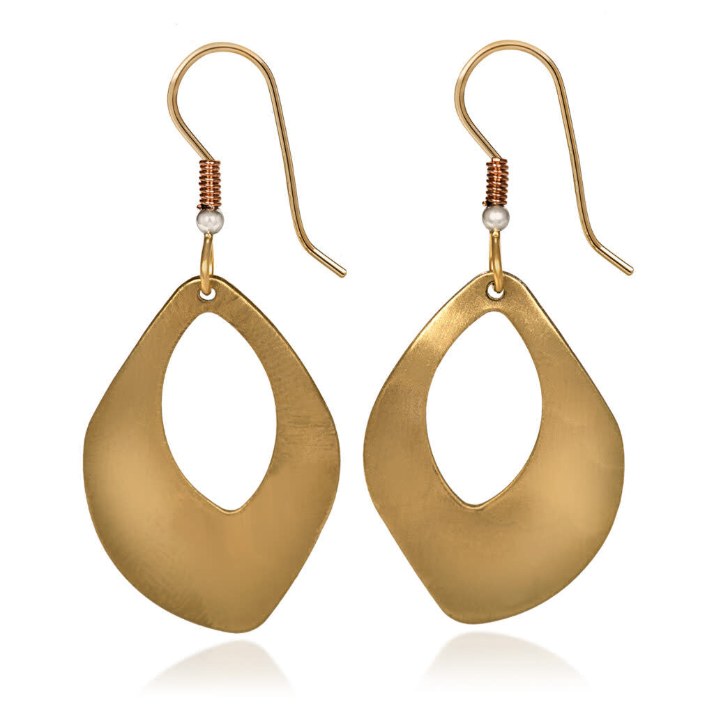 Hammered organic shape earrings with surgical steel earwires in brass/copper tones.