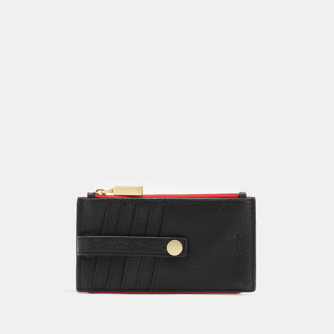 Black leather zip wallet with snap closure featuring multiple credit card slots.