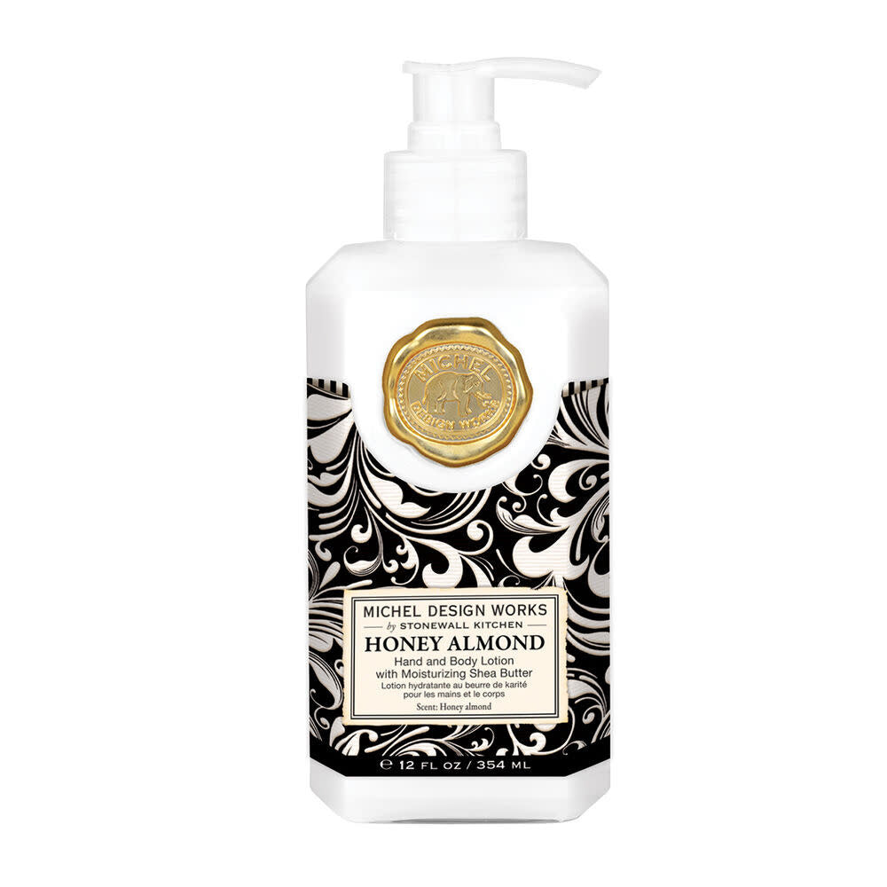 Hand and body lotion bottle with honey almond scent in a clear container.