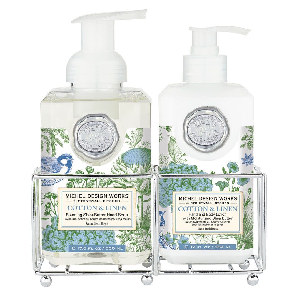 Hand Care Caddy with foaming soap and lotion in cotton linen fabric.
