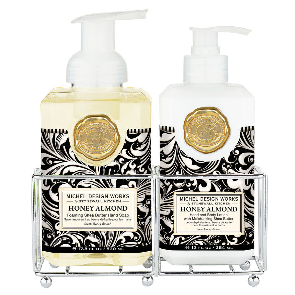 Hand Care Caddy containing foaming hand soap and lotion in honey almond scent.