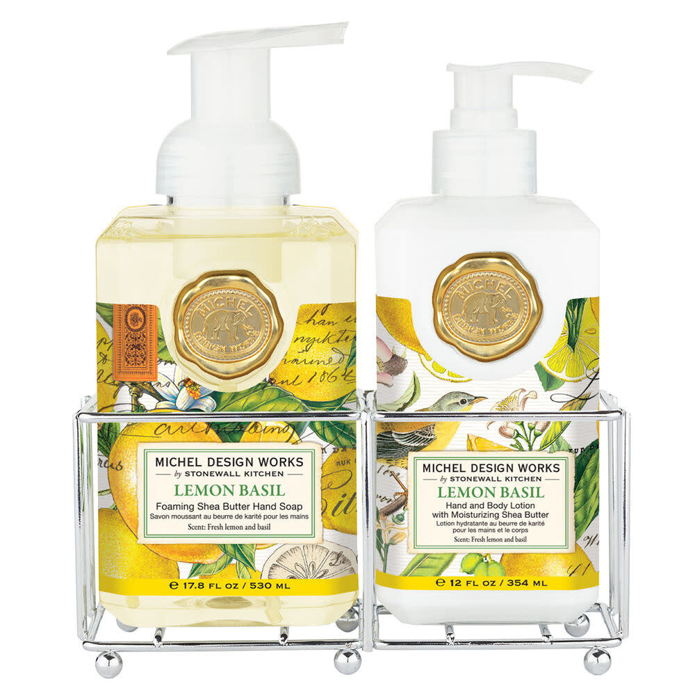 Hand Care Caddy with lemon basil scented foaming hand soap and lotion bottles.
