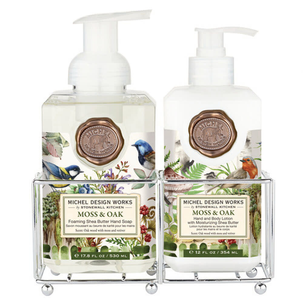 Hand Care Caddy containing foaming hand soap and lotion in moss oak color.