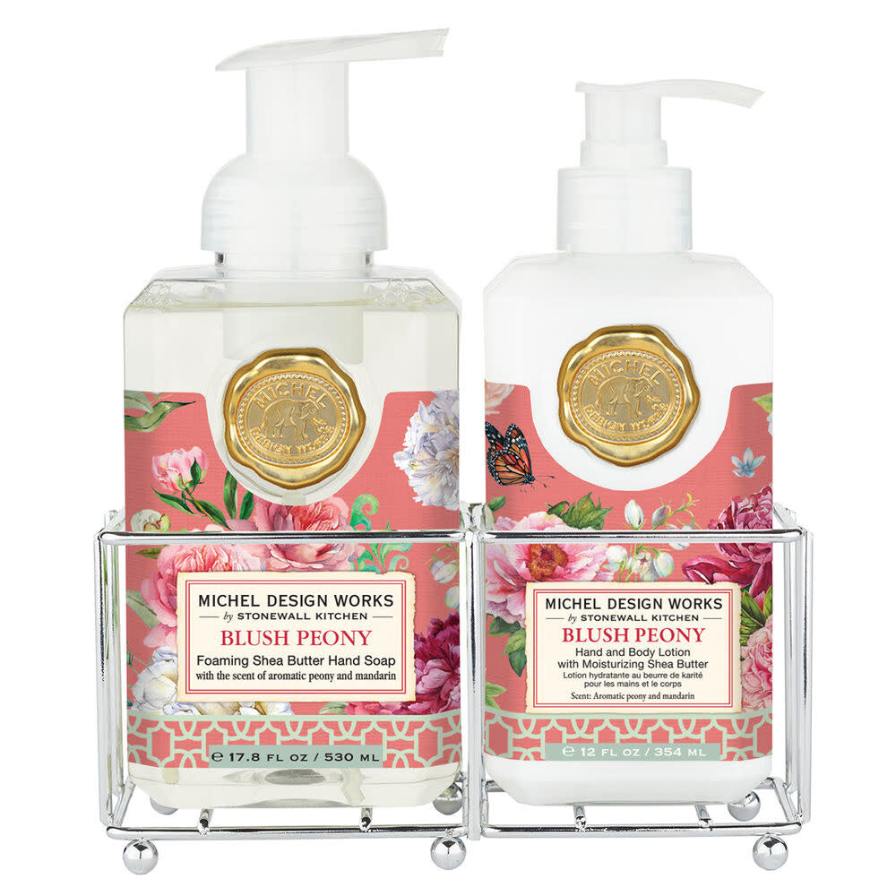 Hand Care Caddy containing foaming hand soap and lotion bottles.
