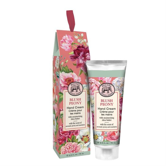 Hand cream in a blush peony shade with floral packaging