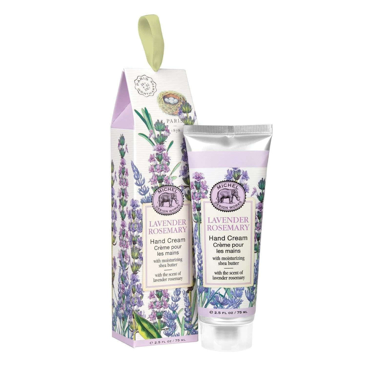 Lavender-colored hand cream in a white jar with rosemary accents