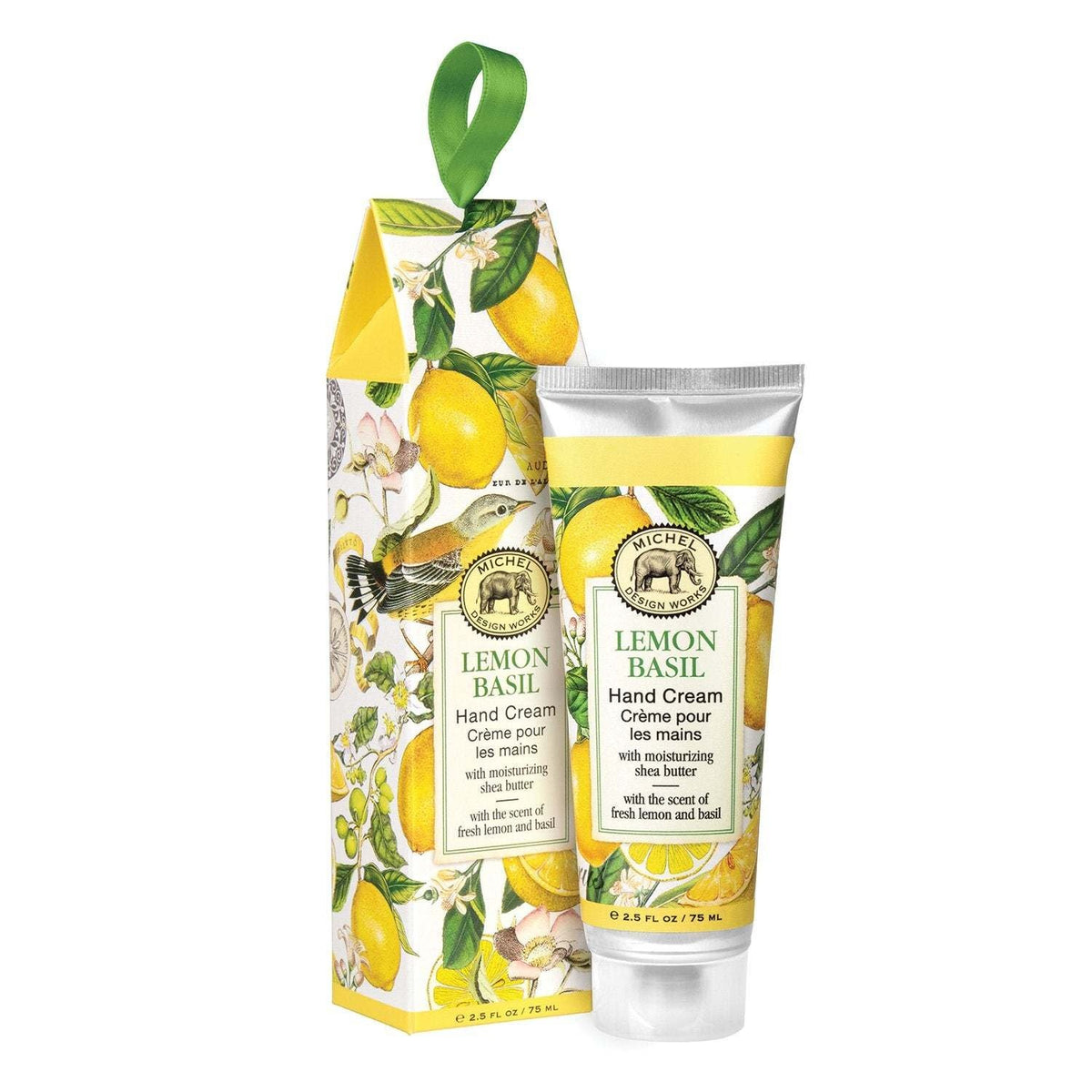 Front view of a white Hand Cream bottle with lemon basil scent.