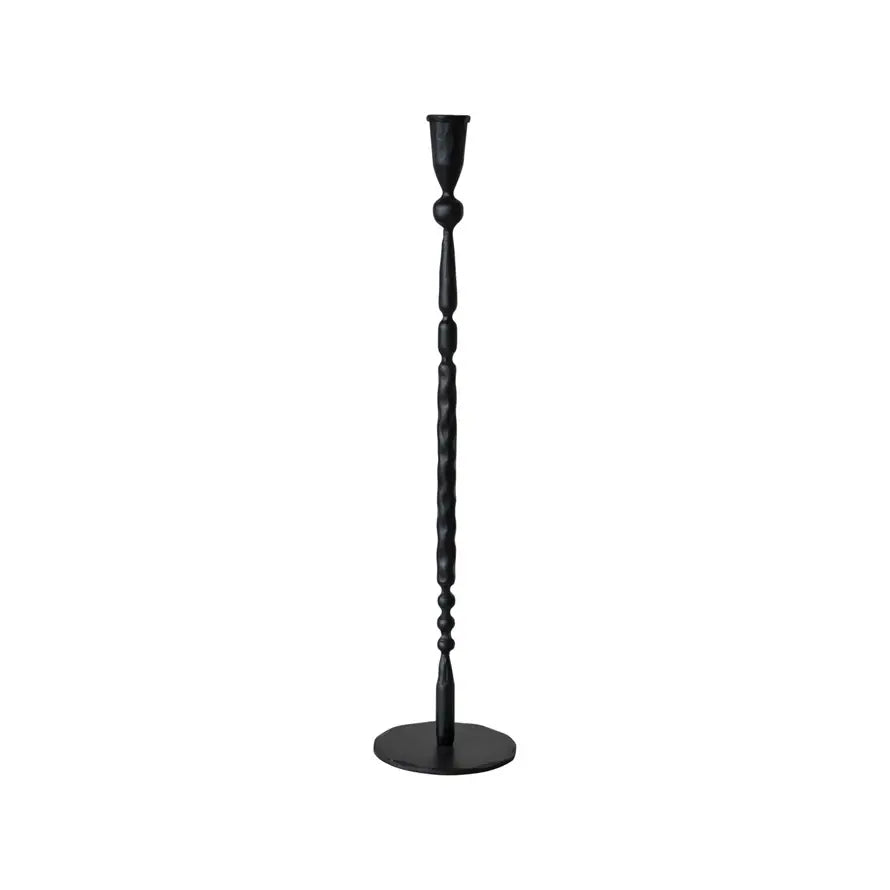 Black hand-forged cast iron taper holder with rustic hammered texture