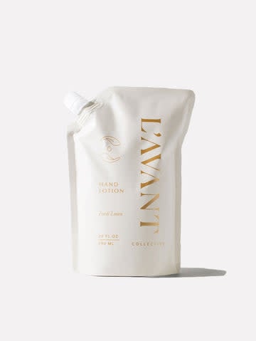 L'AVANT Fresh Linen hand lotion refill pouch with plant-based ingredients.