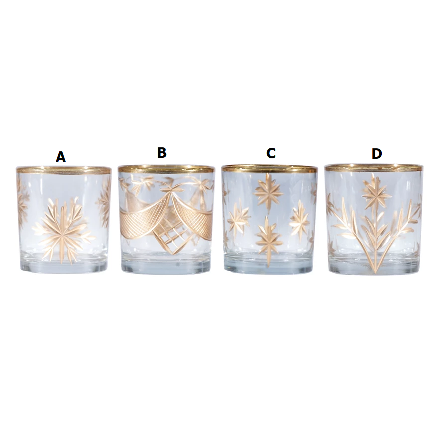 Hand-painted etched glass tealight holder with an elegant decorative pattern.