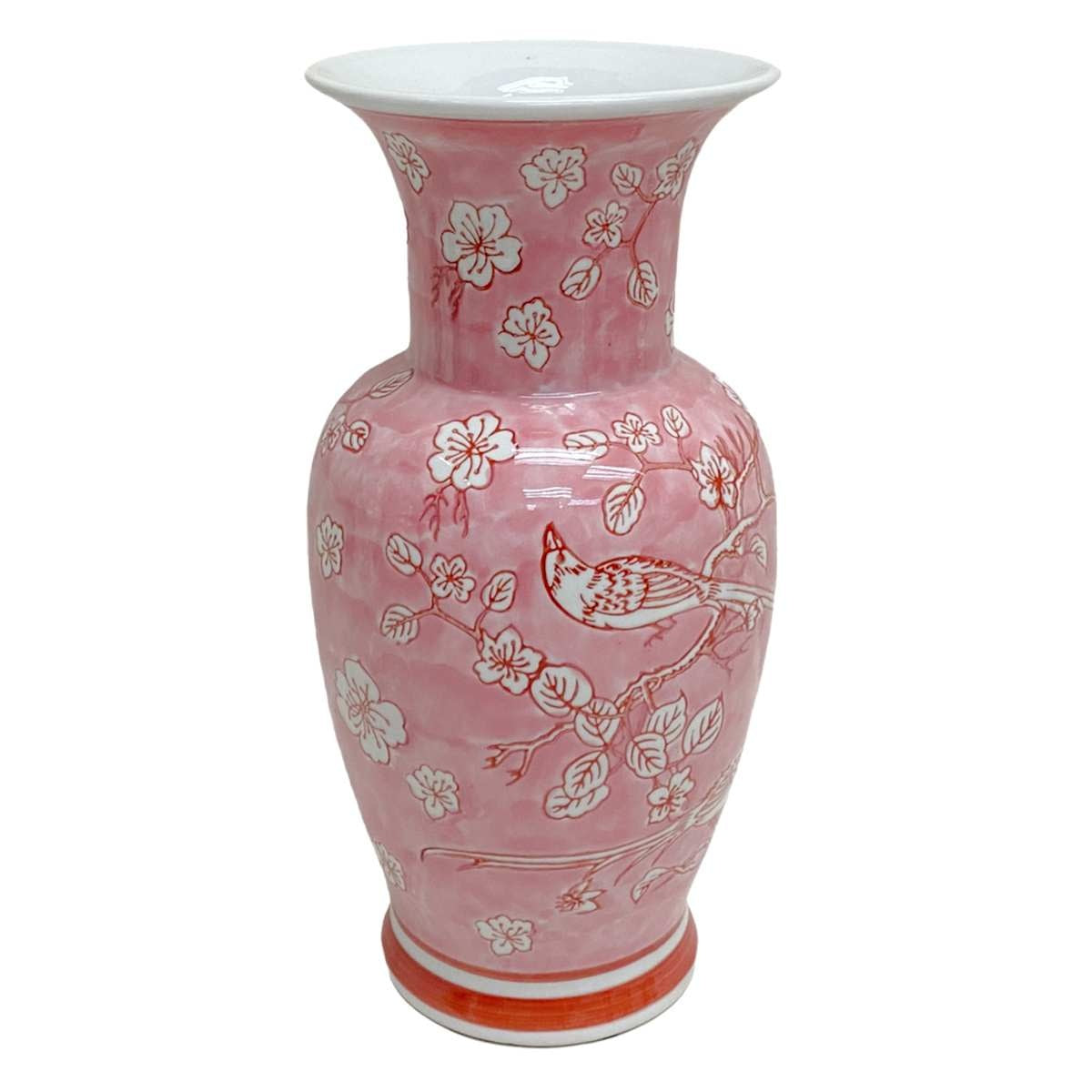 Hand-painted pink porcelain vase with Chinoiserie floral patterns on a classic silhouette.