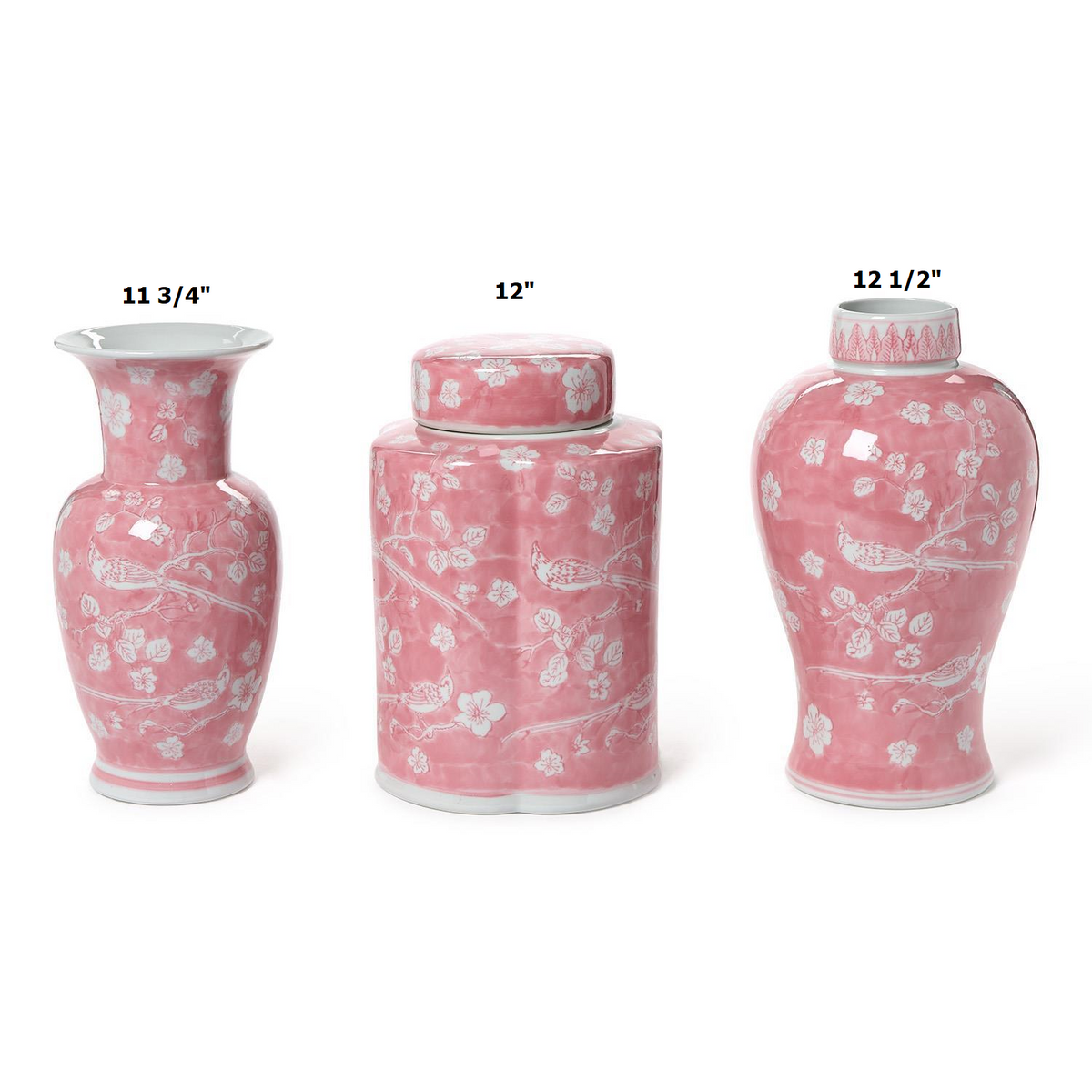 Hand-painted pink porcelain vase with Chinoiserie floral patterns on a classic silhouette.