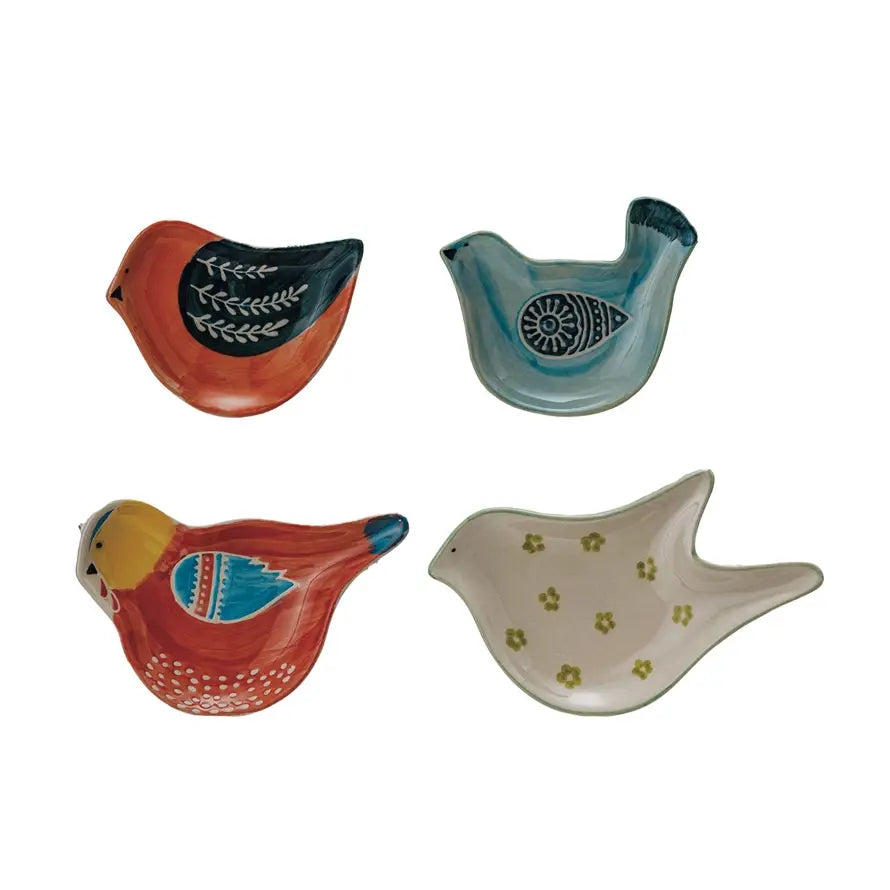Hand-painted stoneware bird-shaped dish with whimsical natural tones
