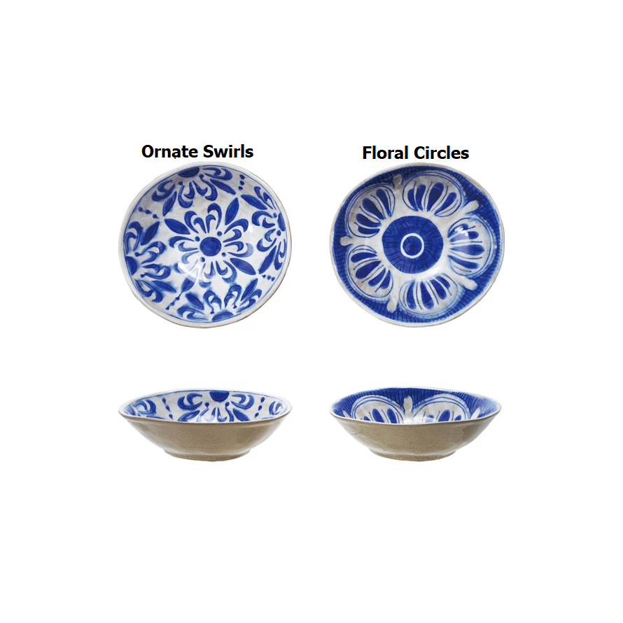 Square hand-painted stoneware bowl with intricate designs in earthy tones