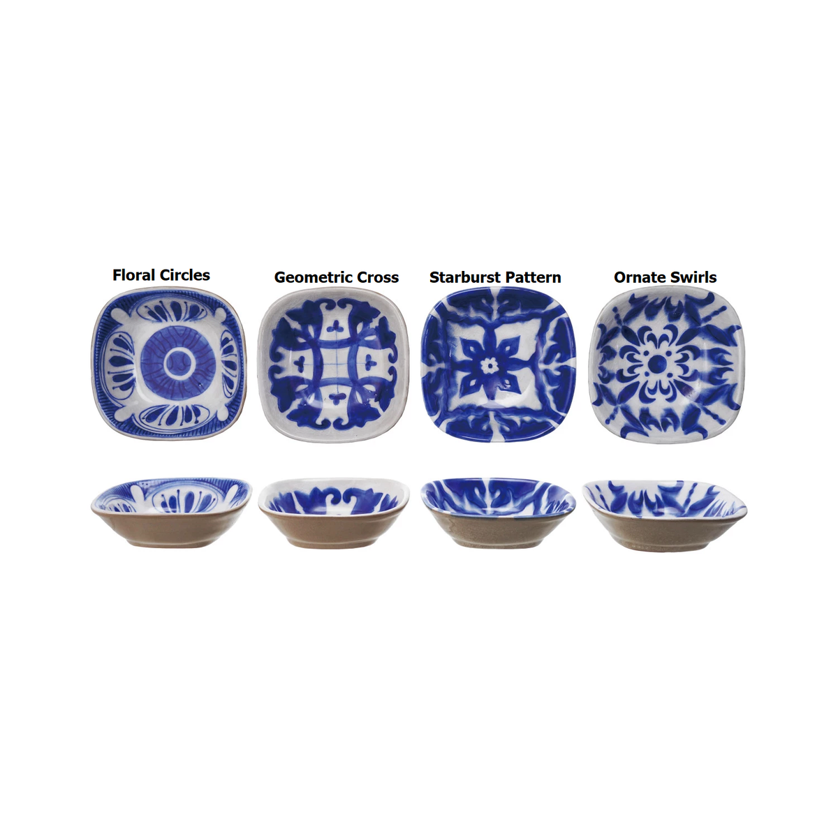 Square hand-painted stoneware bowl with intricate designs in earthy tones.