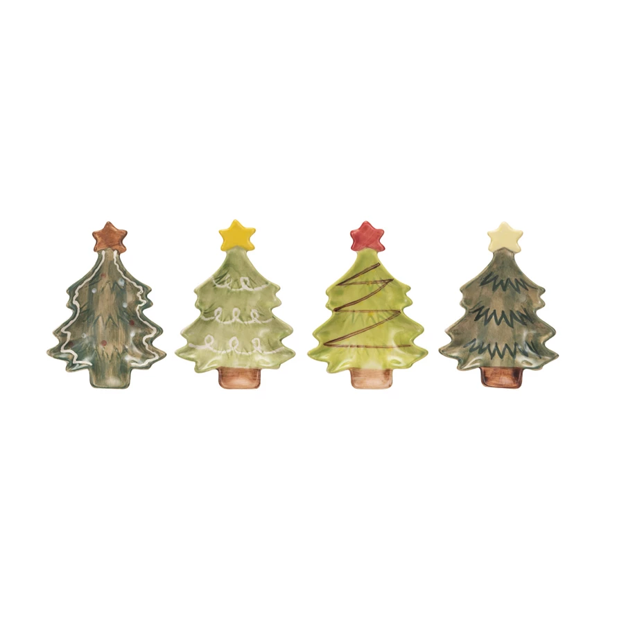 Hand-painted stoneware Christmas tree dish with a star accent