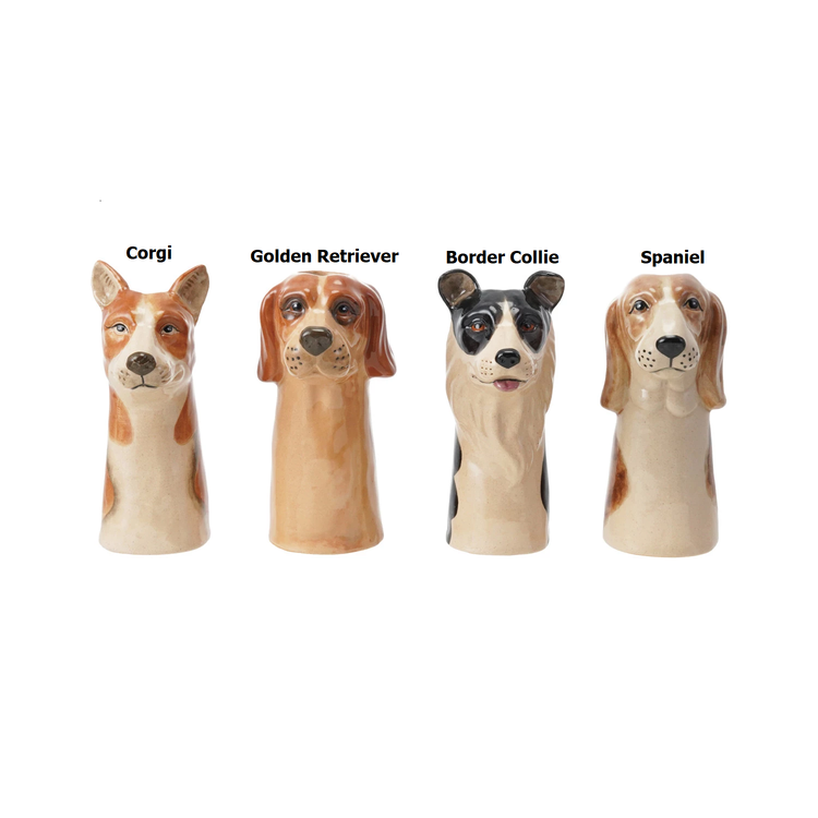 Hand-painted stoneware dog vase in cream with black outline.