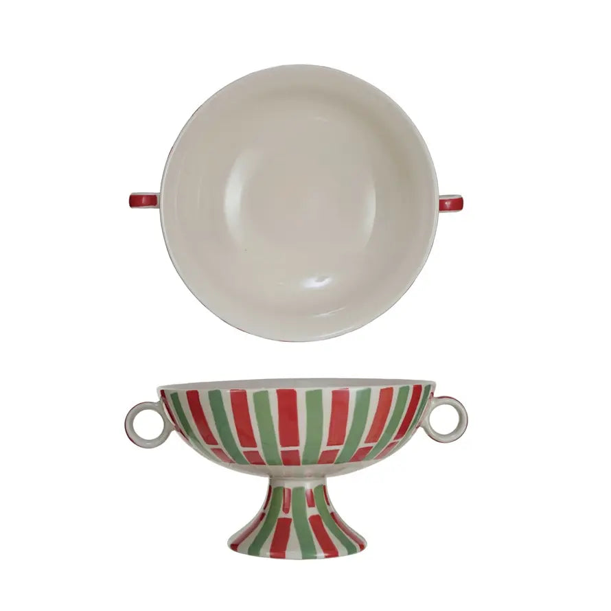 Footed stoneware bowl with handles featuring hand-painted stripes in festive colors