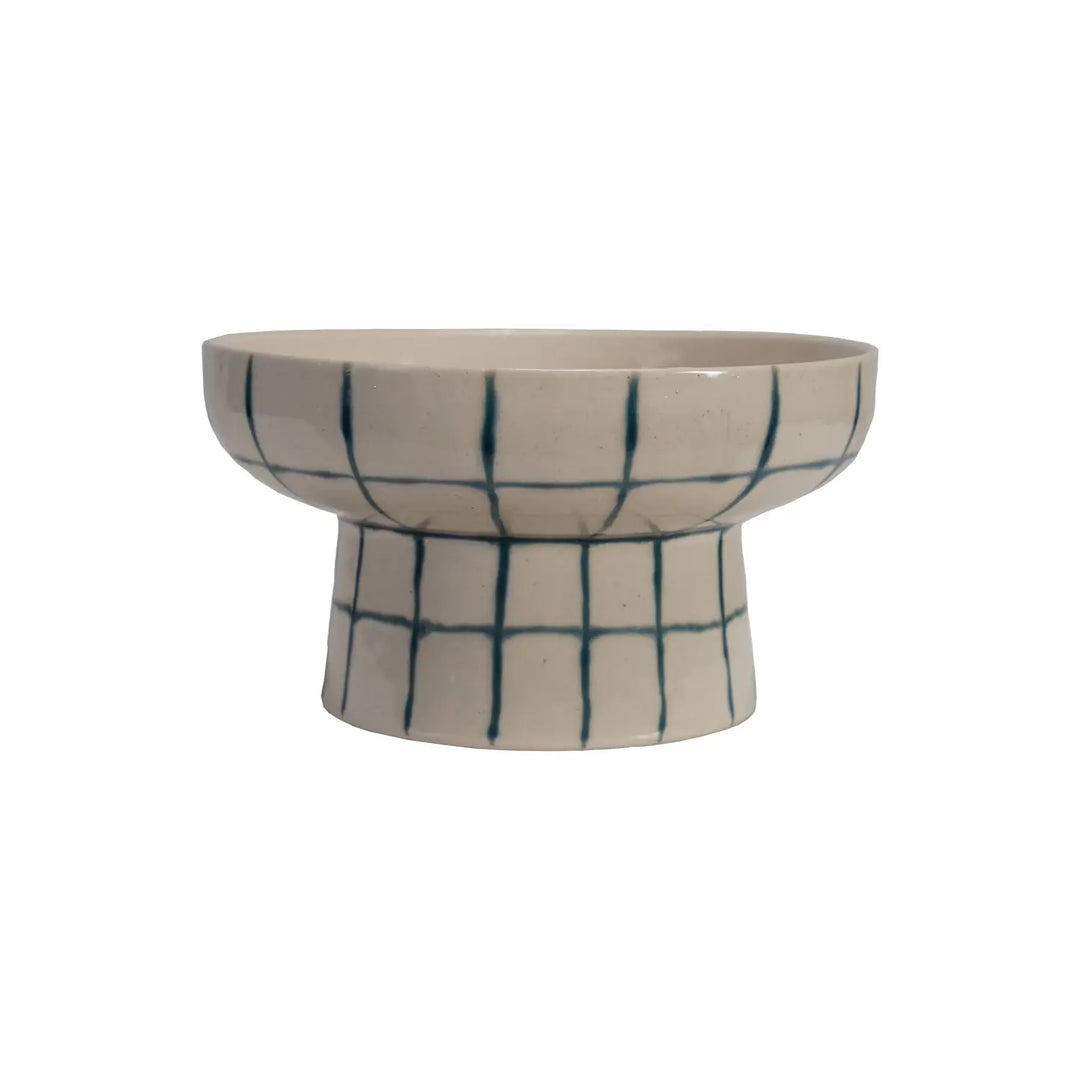Hand-painted stoneware pedestal bowl with a round shape on an elevated square base