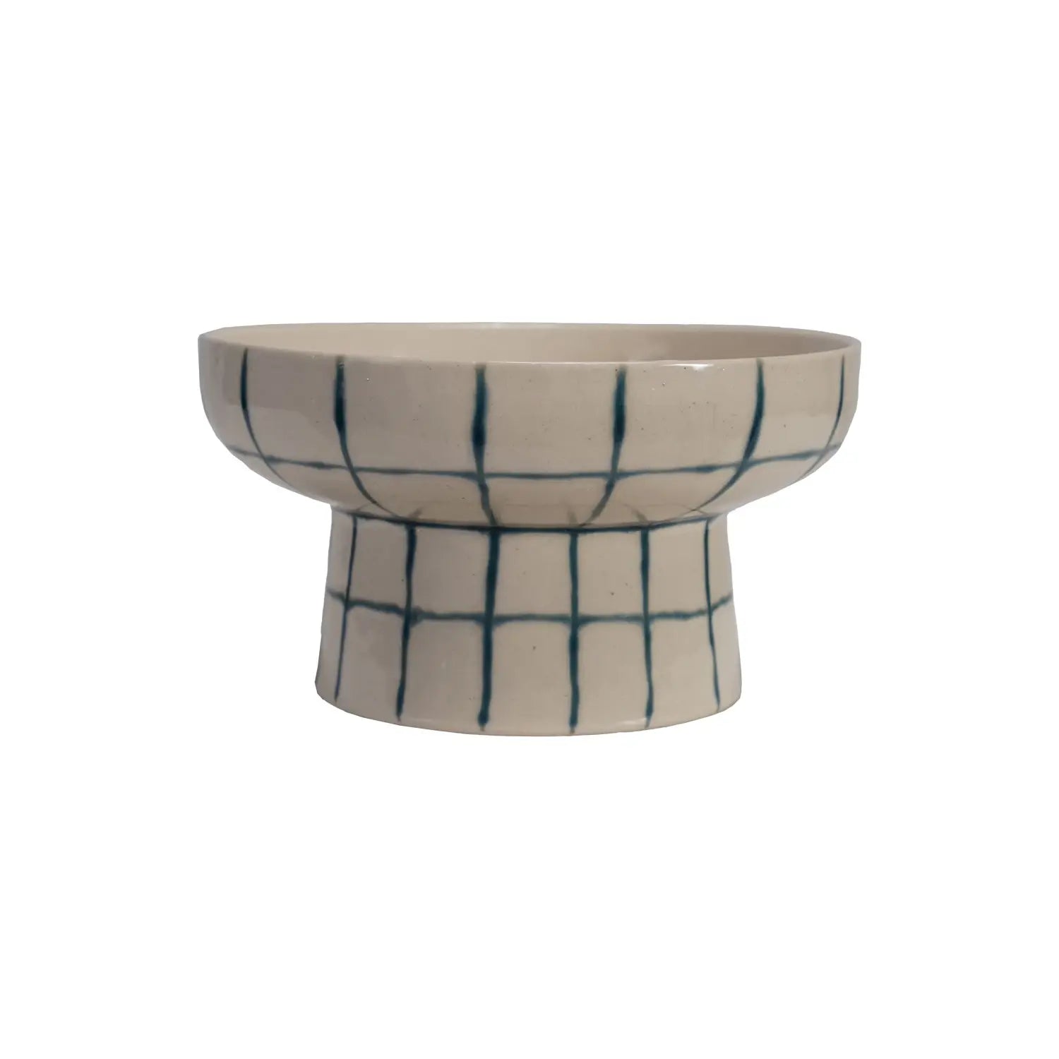 Hand-painted stoneware pedestal bowl with a round shape on an elevated square base