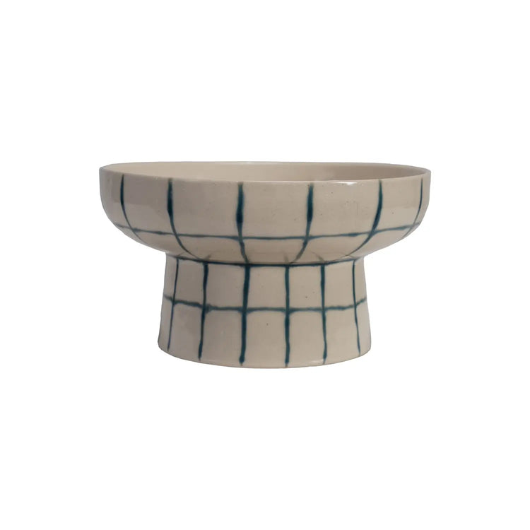 Hand-painted stoneware pedestal bowl with a round shape on an elevated square base