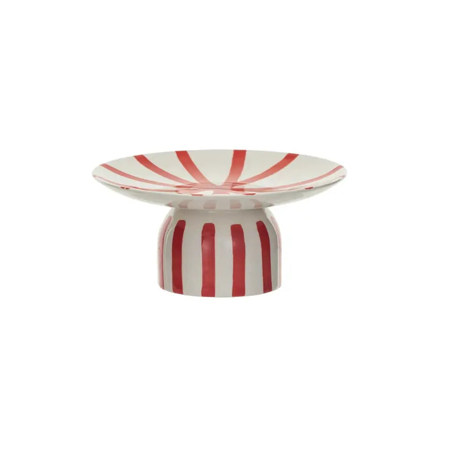 Hand-painted red and cream striped stoneware pedestal with a square silhouette