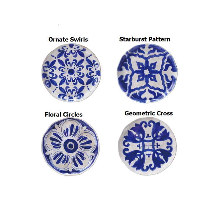 Hand-painted stoneware square plate with intricate geometric pattern in earth tones.