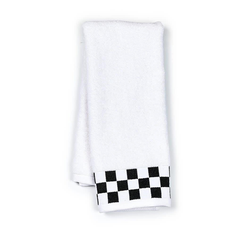 Cotton hand towel with black check border on white background