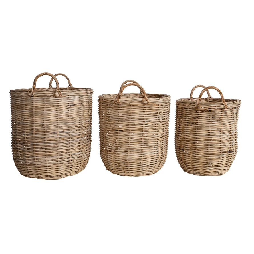 Hand-woven natural rattan storage basket with handles in a square farmhouse silhouette