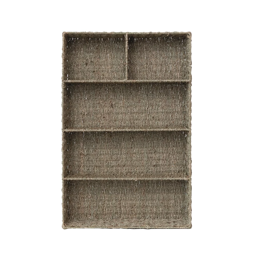 Natural hand-woven rectangular seagrass basket with five compartments