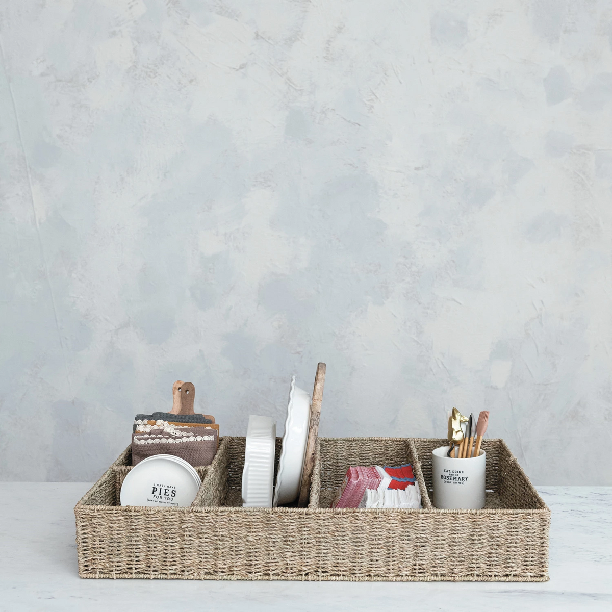 Natural hand-woven seagrass rectangular tray with five distinct sections