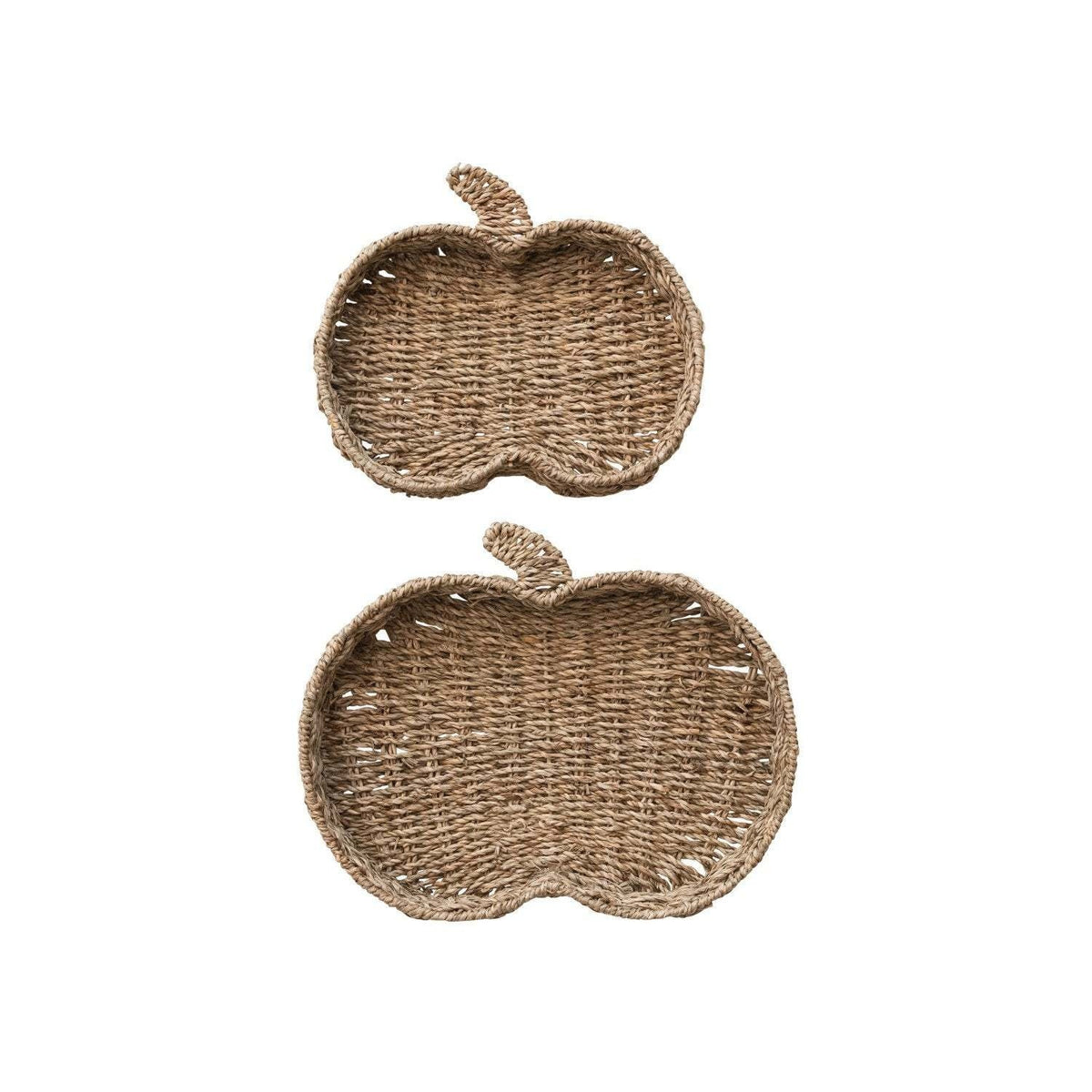 Hand-woven neutral seagrass tray shaped like a pumpkin with natural texture