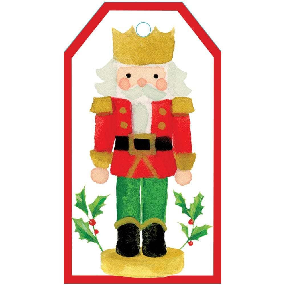 Die-cut hanging gift tag shaped like a painted nutcracker soldier on high-quality cardstock.