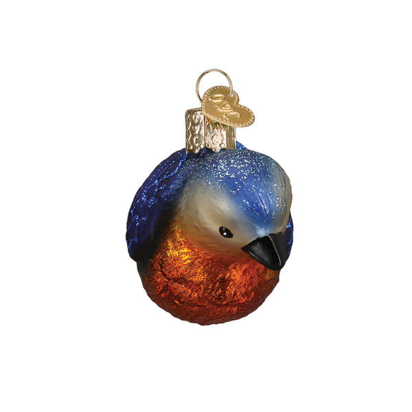Hanging Western Bluebird ornament: mouth-blown glass with silver accents in blue and white.