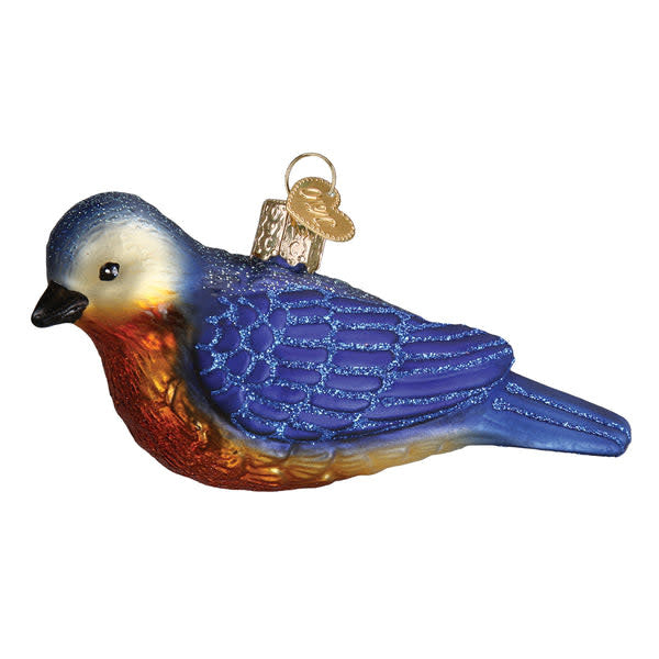 Hanging blown glass Western Bluebird ornament in blue with silver accents