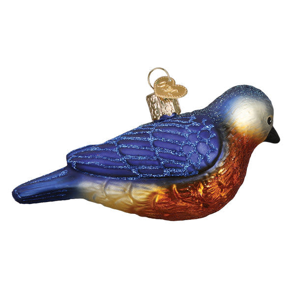 Hand-blown glass hanging ornament shaped like a blue Western Bluebird with silver accents and glitter finish.