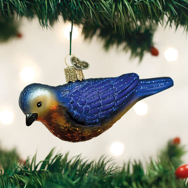 Hanging blown glass Western Bluebird ornament in blue with silver accents