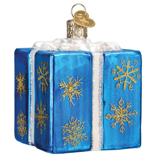 Hanukkah Gift Box ornament featuring a festive red box with gold accents and Hebrew lettering.